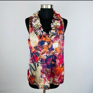Ann Taylor Colorful Abstract Ruffled Neckline Sleeveless Top